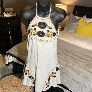 Floral Halter Midi Dress with Black and Gold Embroidered Accents